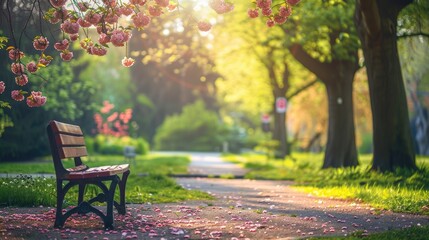 Fototapeta premium A bench is sitting in a park with a path in front of it