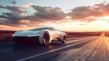 A futuristic car is driving down a road at sunset