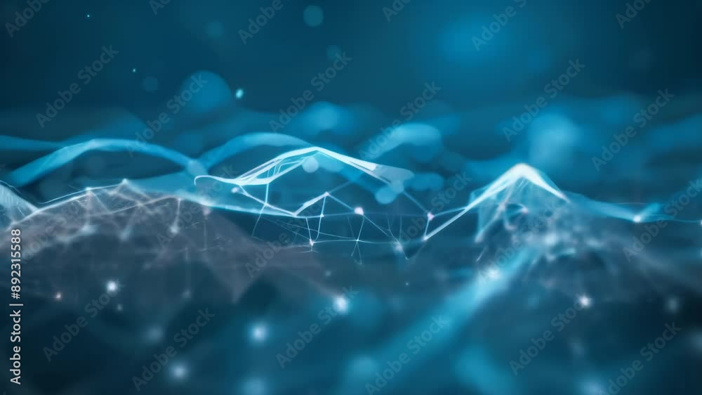 Poster Abstract digital landscape with glowing blue points and connecting lines. Representing data networks, technology, and artificial intelligence. connectivity and digital transformation 