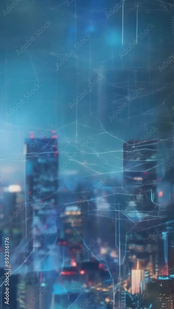 Poster Futuristic cityscape with interconnected digital lines and glowing data points. Representing smart city technology, connectivity, and innovation. digital transformation urban infrastructure 
