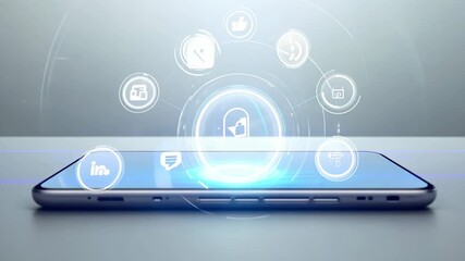 Smartphone with holographic icons of social networks and multimedia applications on a light background.
Concept: mobile devices