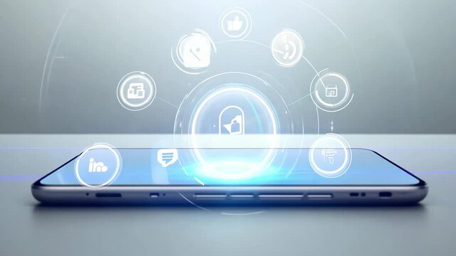 Smartphone with holographic icons of social networks and multimedia applications on a light background.
Concept: mobile devices