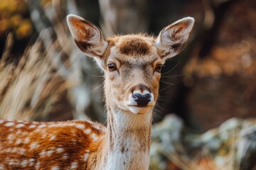 Fototapeta premium A young deer with brown and white spotted fur stares directly at the camera, showcasing its curious nature and the beauty of wild animals. The fawn's soft features, large ears, and gentle eyes are cap