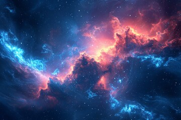 A mesmerizing cosmic nebula with vibrant red and blue hues, representing the beauty, mystery, and vastness of space.