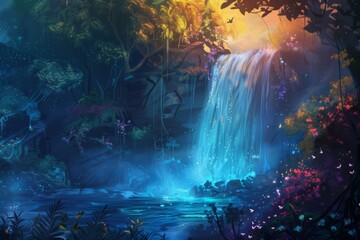 A cascading waterfall pours into a serene pool, surrounded by vibrant foliage, symbolizing tranquility, nature's beauty, hidden wonders, the cycle of life, and magical enchantment.