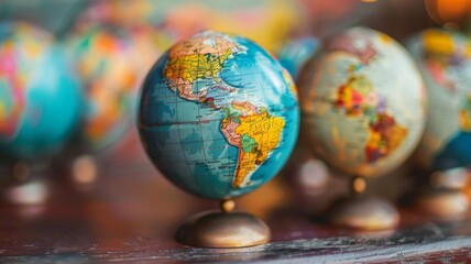 A collection of miniature globes, symbolizing global connection, exploration, learning, travel, and discovery.