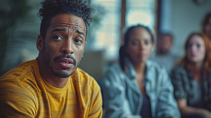 Fototapeta premium Portrait of a man in a support group setting.