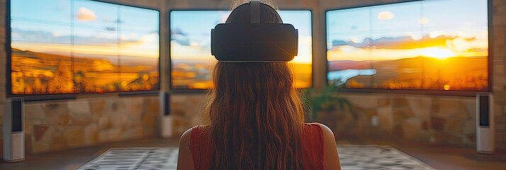 A woman wearing a VR headset gazes at a beautiful sunset