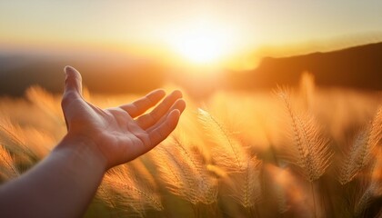 Offene Hand, die sich dem goldenen Sonnenlicht entgegenstreckt, symbolisiert Hoffnung, Spiritualit&auml;t und Verbundenheit mit der Natur in einer warmen, leuchtenden Atmosph&auml;re