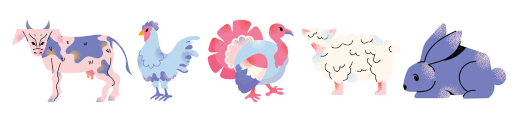 Big vector farm animals set. Big collection with cow, sheep, turkey, rabbit, duck, hen, pig. Food for animals. Countryside, agriculture. Cute farm animal isolated on white background