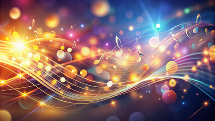 Vibrant abstract music background features swirling notes and shimmering bokeh lights, set against a wavy shape, evoking a sense of rhythm and harmony in motion.