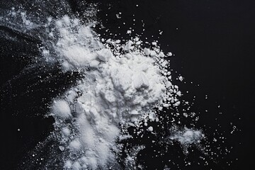 A pile of white powder sits on a black surface, often used in scientific or medical contexts