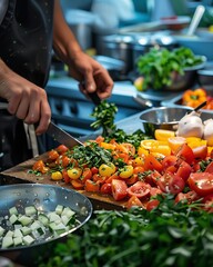 a person cutting up vegetables on a cutting board