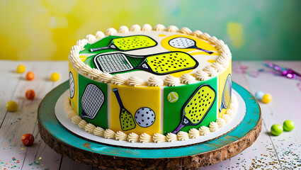 A vibrant and playful photograph of a decadent birthday cake situated on a wooden pickleball paddle or a pickleball-themed tablecloth, surrounded by a scattering of pickleballs, generative ai