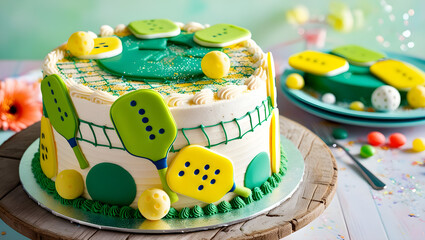 A vibrant and playful photograph of a decadent birthday cake situated on a wooden pickleball paddle or a pickleball-themed tablecloth, surrounded by a scattering of pickleballs, generative ai