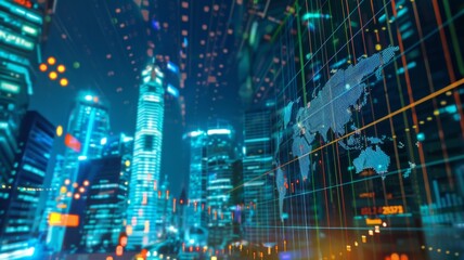 Fototapeta premium A cityscape at night with glowing buildings and a world map superimposed, symbolizing global finance, technological advancements, data flows, connectivity, and international trade.