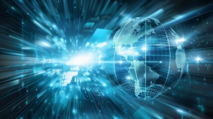 A glowing earth globe surrounded by blue lines representing global connectivity, signifying fast data transfer, global communication, internet technology, worldwide network, and futuristic technology.