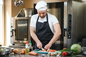 Chef of a Big Restaurant Prepares Dishes. Modern Kitchen is Made of Stainless Steel and Full of Cooking Ingredients