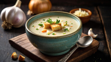 Garlic soup (česnečka) - A flavorful garlic soup, often served with croutons and cheese