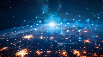 Obraz premium A stunning image of Earth at night with glowing city lights and a network of interconnected lines, symbolizing global communication, technology, connection, and the interconnectedness of the world.