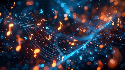 Pulsating 3D spheres connected by glowing lines, forming a dynamic network of musical notes and sounds