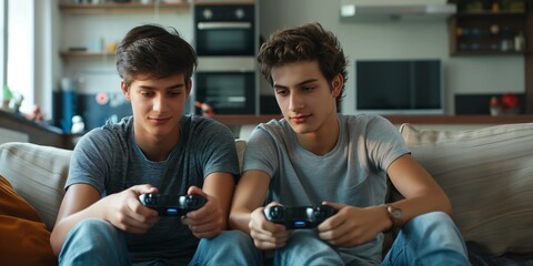 Naklejka premium Boys are happily playing a video game on a console, sitting together on a sofa and enjoying their time.
