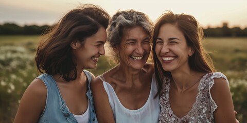 A cheerful group of three generations of women enjoying time together outdoors.