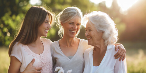 Three generations of women smiling and hugging together in a park, enjoying their time outdoors.