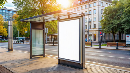 Empty urban advertising space, blank vertical billboard template at city street tram stop, white mockup of outdoor poster on paved bus shelter background.