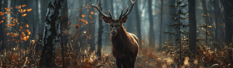 Majestic Deer in a Misty Forest - A lone deer with large antlers stands in a misty forest, surrounded by tall trees and dappled sunlight. The deer's gaze is focused, symbolizing tranquility, strength,