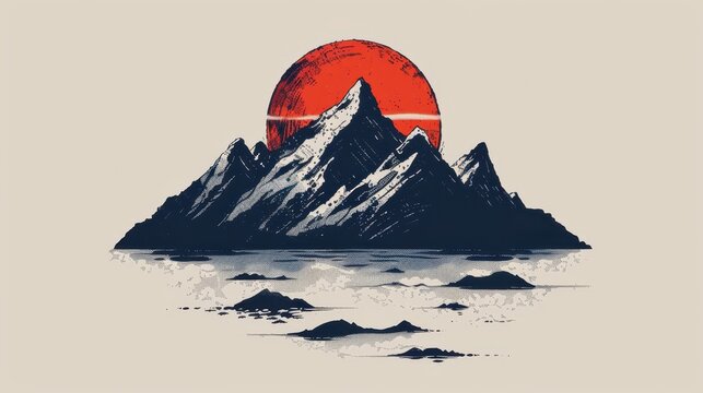 Stylized landscape with a large, central mountain range, a large red sun, and smaller islands or landforms in the foreground