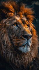Fototapeta premium A majestic lion with a golden mane stares intently into the distance, showcasing its power, wisdom, and strength. The close-up view captures the intricate details of its fur, eyes, and facial features