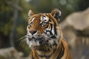 Fototapeta premium A close-up portrait of a magnificent tiger, showcasing its striking orange and black stripes, piercing gaze, and intricate facial markings. The tiger's presence is both powerful and captivating. The g