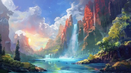 A serene landscape with a majestic waterfall cascading down a towering cliff face, surrounded by lush greenery and vibrant blue water. The setting sun casts a warm glow over the valley, creating a bre