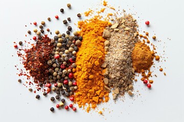 A collection of spices arranged on a clean white surface, ready for use in cooking or as a decorative element