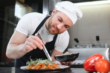 Portrait of handsome positive chef cook at the restaurant kitchen