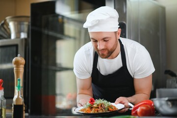 Portrait of handsome positive chef cook at the restaurant kitchen