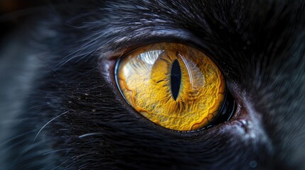 An extreme close-up of a cat's eye, revealing intricate details of the iris with a striking yellow and black contrast, showcasing the beauty and mystery of feline eyes