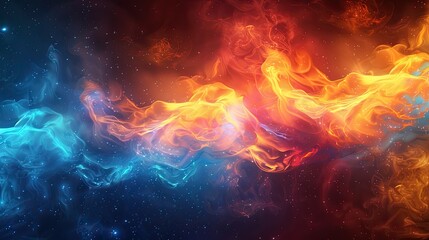 A mesmerizing image of swirling blue and orange flames in a cosmic scene, evoking the beauty and power of elemental forces in the universe