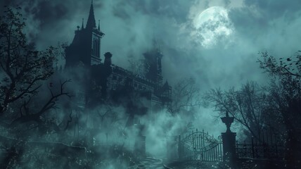 A haunting image of a large, gothic mansion shrouded in mist and bathed in the eerie glow of a full moon, evoking feelings of mystery, suspense, and the unknown.