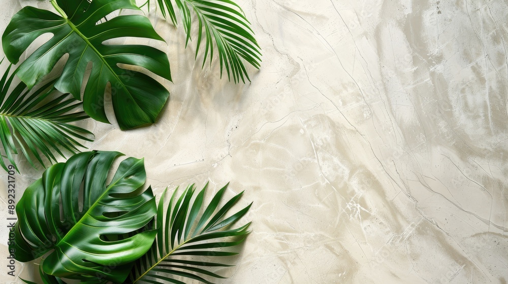 Sticker Tropical leaves arrangement on marble surface with text space