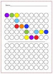 A printed sheet with a logic game. Color the circles according to the pattern, a workout for kids. A task for the brain.