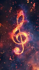 3D abstract background featuring a glowing, swirling treble clef surrounded by floating musical notes