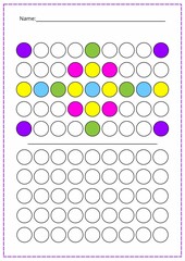 A printed sheet with a logic game. Color the circles according to the pattern, a workout for kids. A task for the brain.