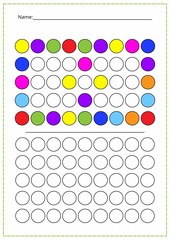 A printed sheet with a logic game. Color the circles according to the pattern, a workout for kids. A task for the brain.