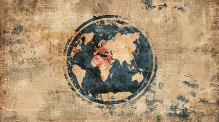 Obraz premium A vintage world map with faded colors, surrounded by a grunge background, symbolizing history, global connection, age, travel, and exploration.