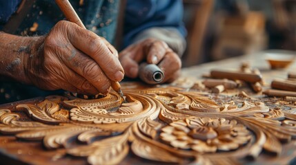 Engraving designs on wood in a well-lit workshop