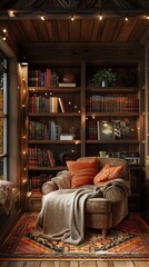 Cozy 3D reading nook with bookshelves, a comfortable armchair, and warm, ambient lighting