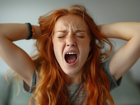 A person stretching and yawning widely, illustrating the common practice of pandiculation in everyday life.