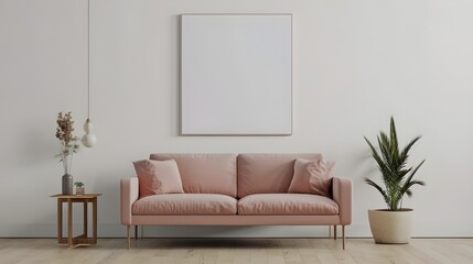 Modern cozy mock up and decoration furniture of living room and empty canvas frame on the white wall texture background, 3D rendering